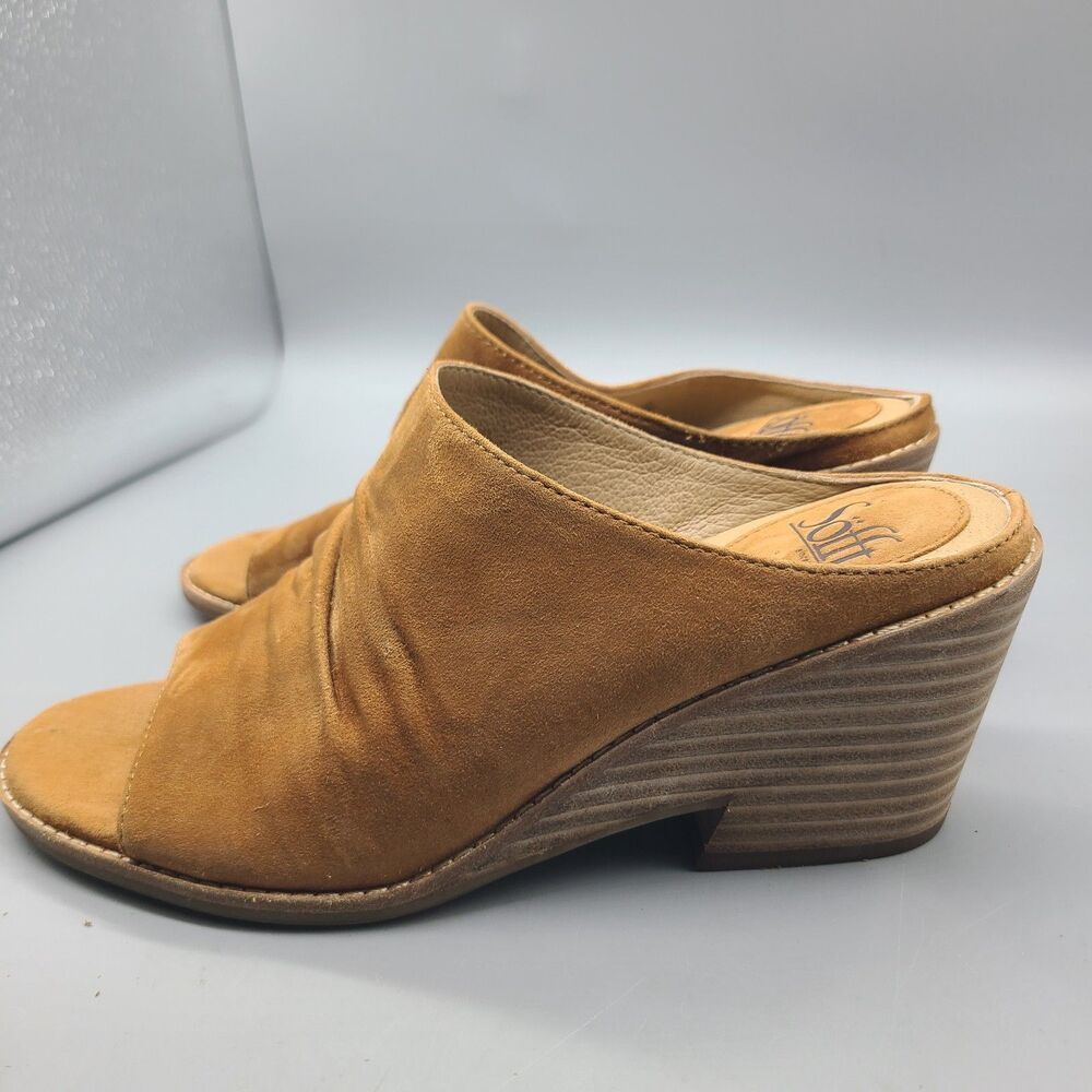 Sofft Strathmore Women Slide Sandals sz 8 Tan Leather Suede Wedge Heel Open Toe - Picture 6 of 12